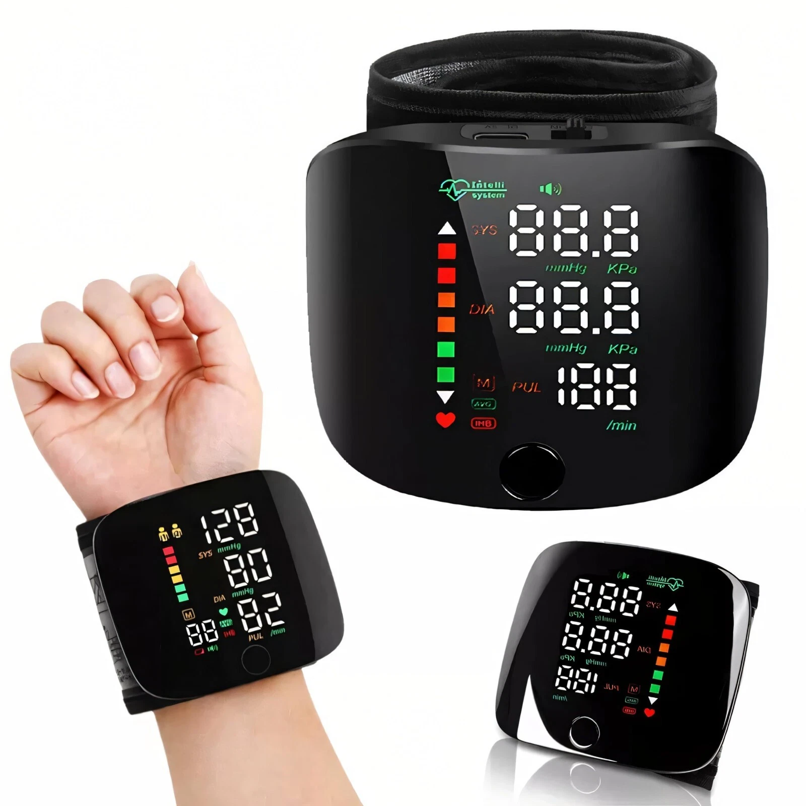 Rechargeable Wrist Blood Pressure Monitor – LED Touch Screen, Dual-User Memory, Voice Broadcast (Black)