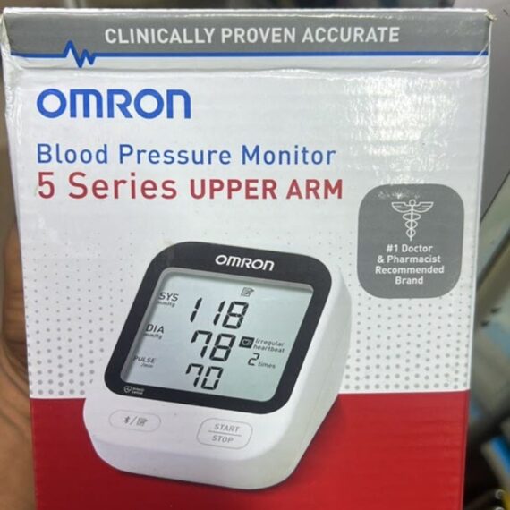 Front of Omron 5 Series upper arm blood pressure monitor box showing Bluetooth, extra-large display and one-user 30-reading memory.