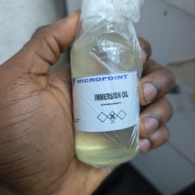 Micropoint immersion oil bottle with a white screw cap and a label marked “For Microscopy”.
